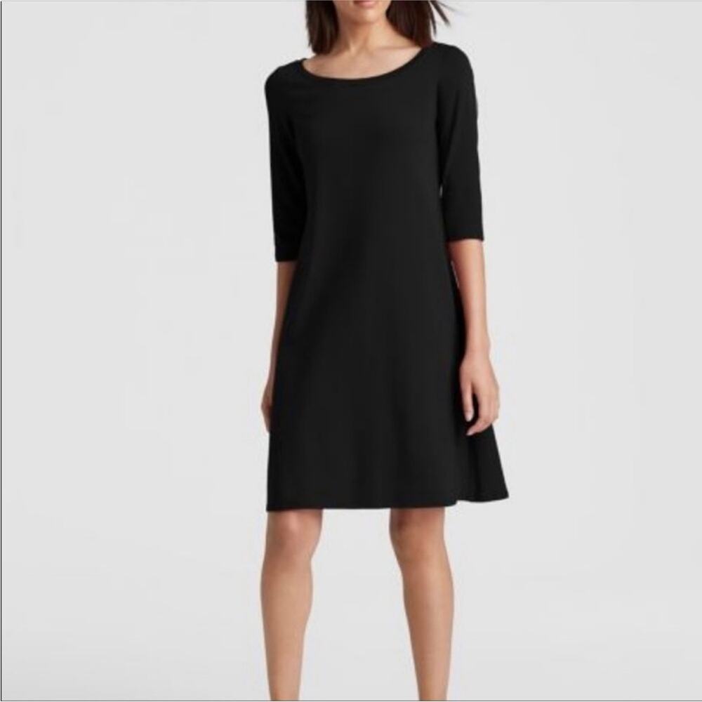 Eileen Fisher Black Jersey Knit‎ 3/4 Sleeve Round Neck Dress